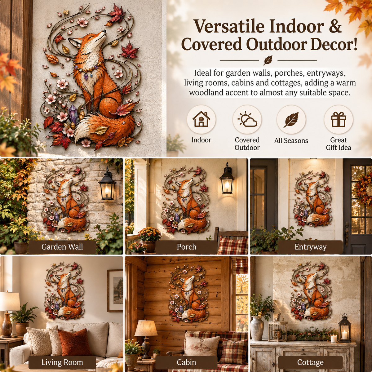 FoxenGlow – Enchanted Autumn Fox Metal Wall Decor
