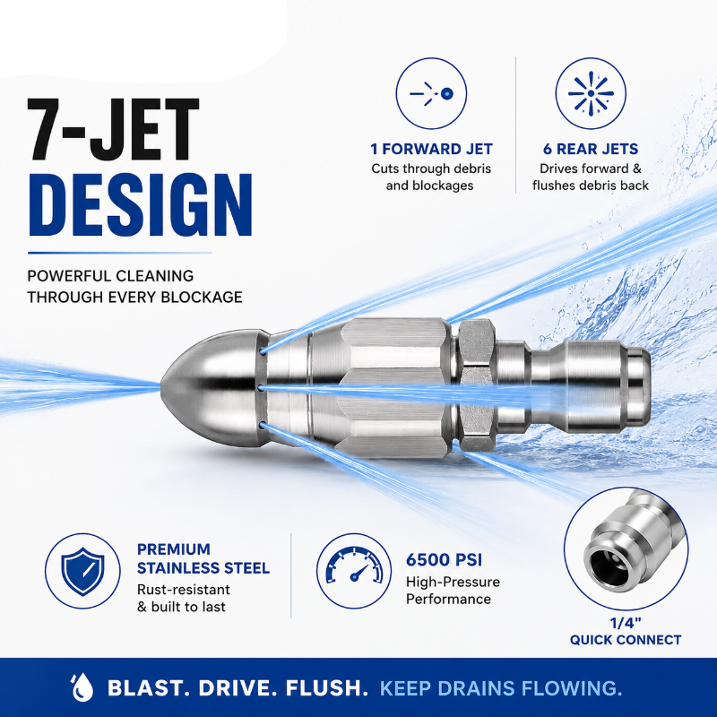 JetCrest – 7-Jet Stainless Steel Sewer Cleaner Nozzle