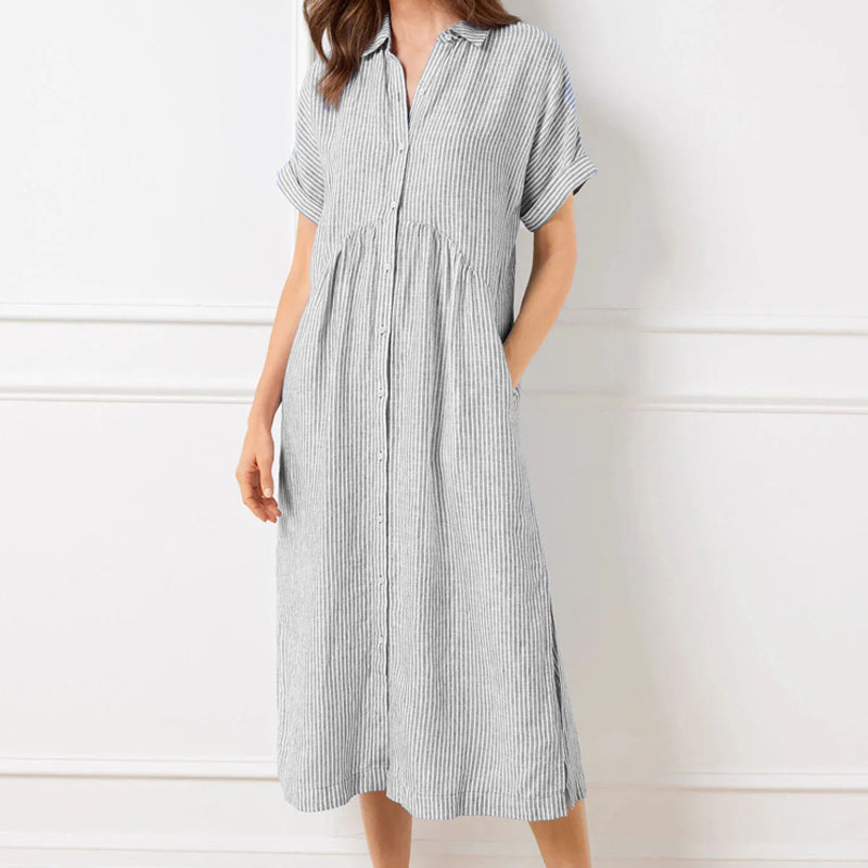 VeloraGrace – Striped Lapel Button-Down Maxi Dress