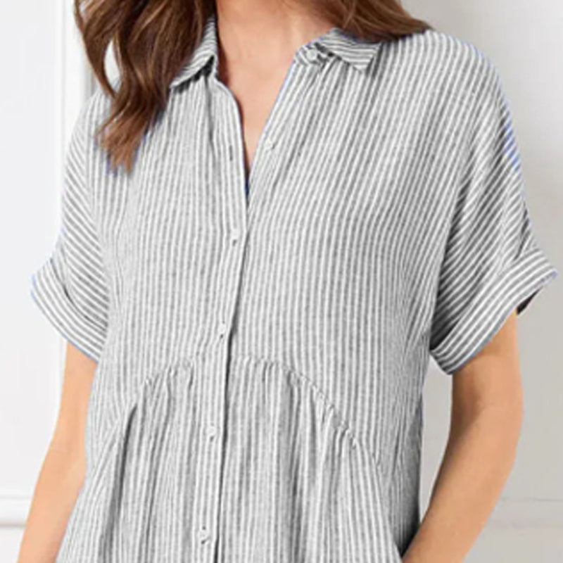 VeloraGrace – Striped Lapel Button-Down Maxi Dress