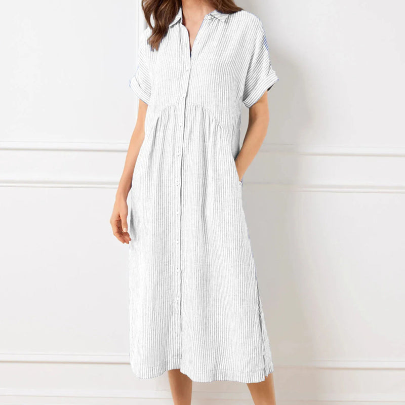 VeloraGrace – Striped Lapel Button-Down Maxi Dress