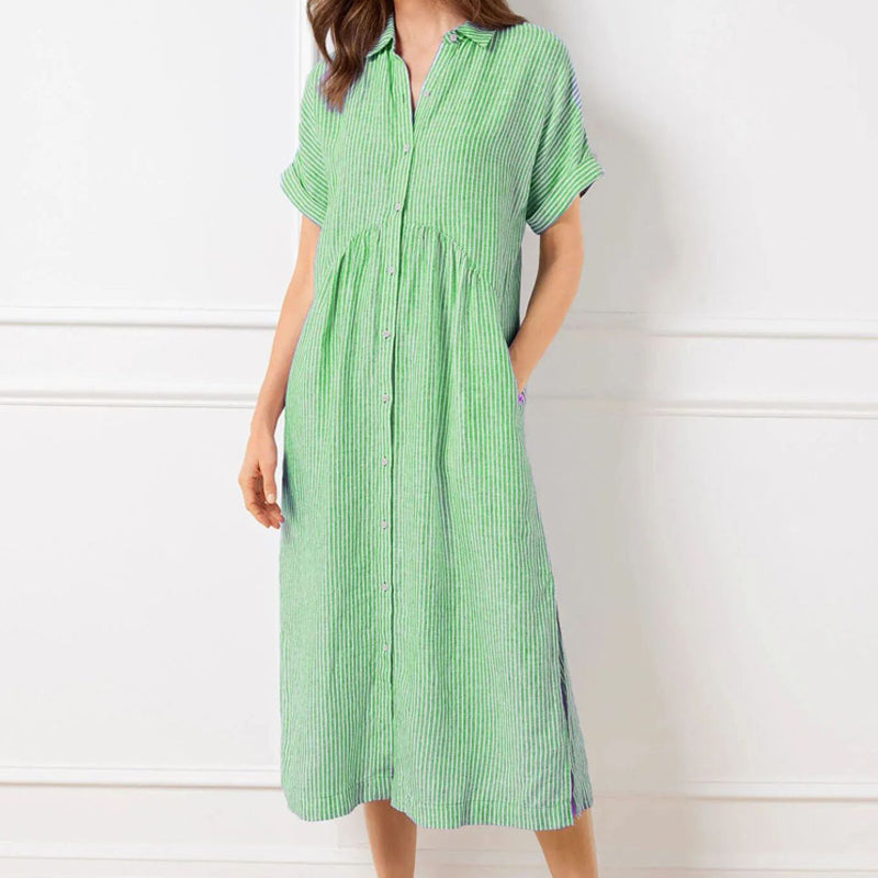 VeloraGrace – Striped Lapel Button-Down Maxi Dress