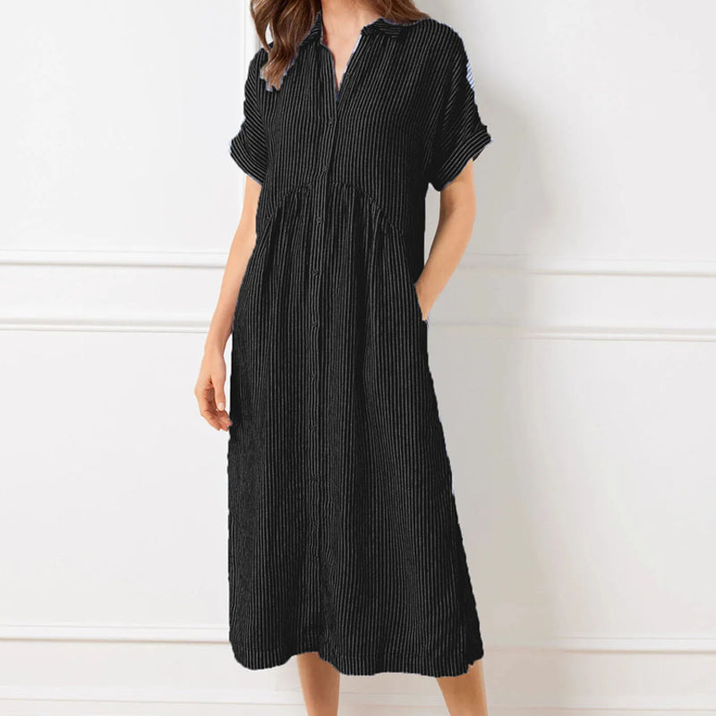 VeloraGrace – Striped Lapel Button-Down Maxi Dress