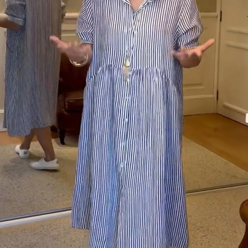 VeloraGrace – Striped Lapel Button-Down Maxi Dress