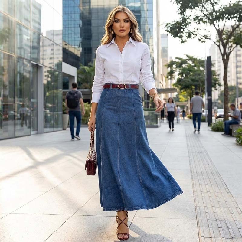 LunaVera – High-Waist A-Line Denim Maxi Skirt